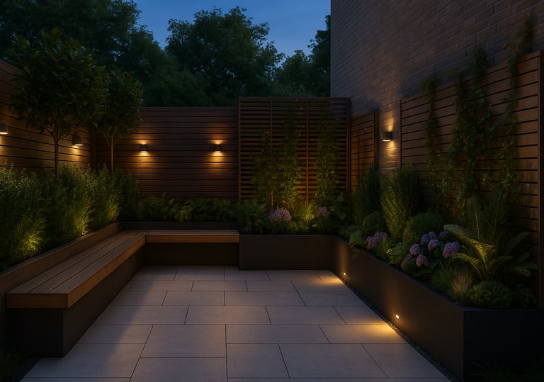 a garden with a bench and some plants  | Nour Nagy Designs