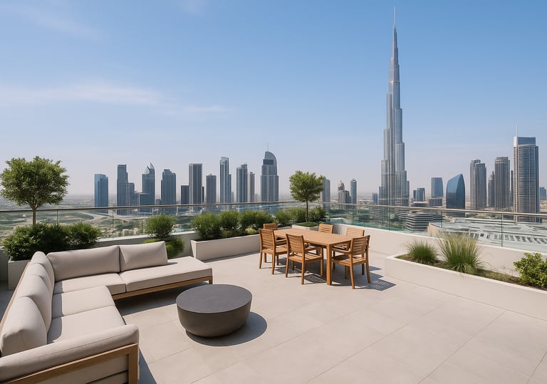 a rooftop patio with a table and chairs  | Nour Nagy Designs