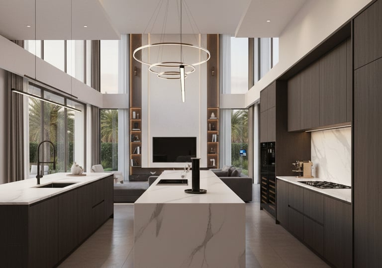 a kitchen with a large island and a large window mix neoclassic/modern style kids bedroom 2 bed in N