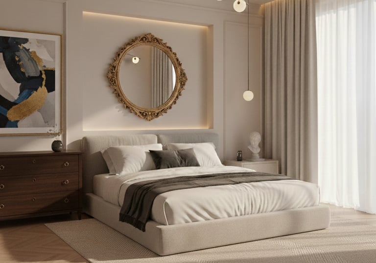 a bedroom with a large bed and a mirror
