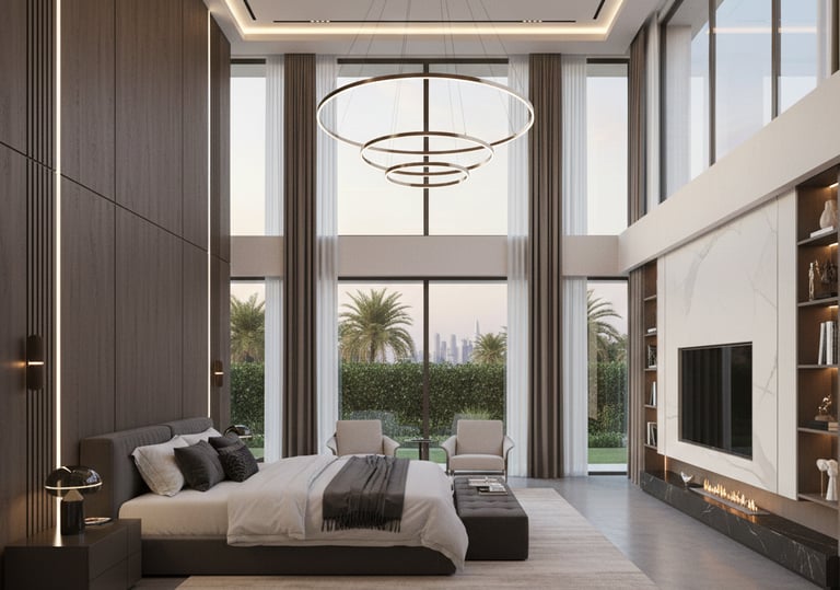 a bedroom with a large bed and a large window