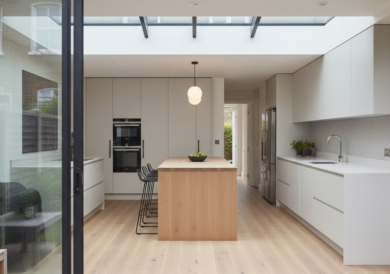 a kitchen with a large window and a table with a bowl of fruit