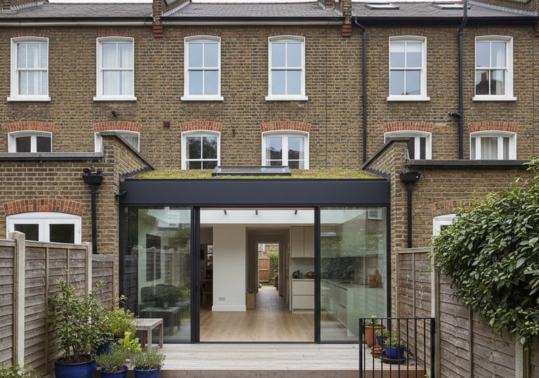 a house with a large glass door and a garden