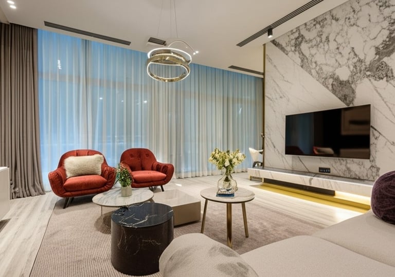 a living room with a large marbled wall and a large television | Nour Nagy Designs