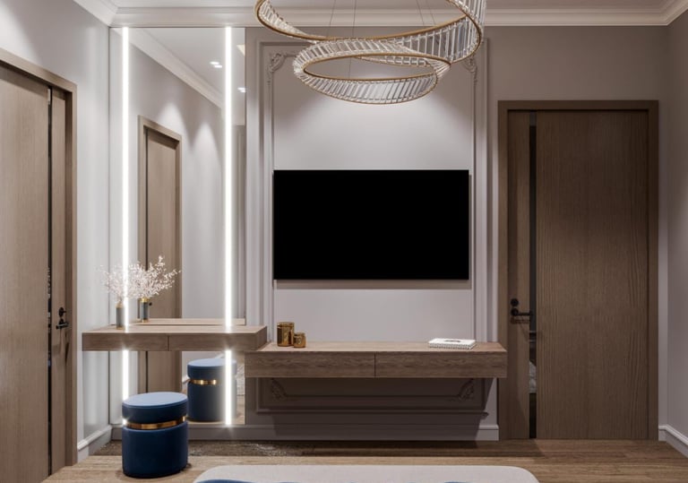 a bedroom with a large television and a large television