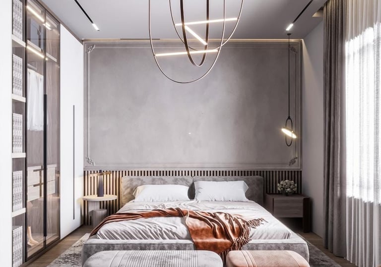 a bedroom with a bed and a couch Nour Nagy Designs