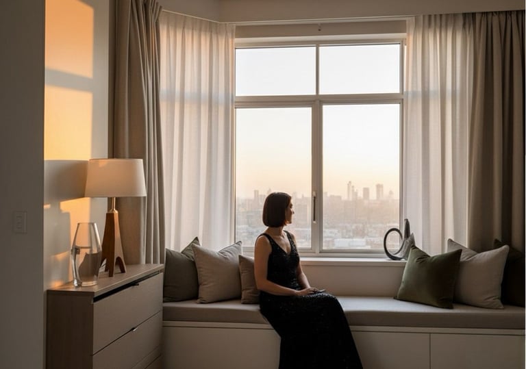 a woman sitting on a window sill with a view of a city Nour Nagy Designs