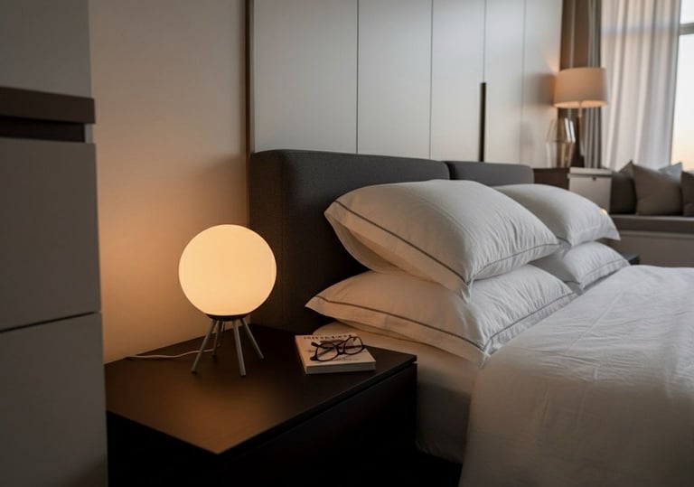 a bed with a lamp on top of it Nour Nagy Designs