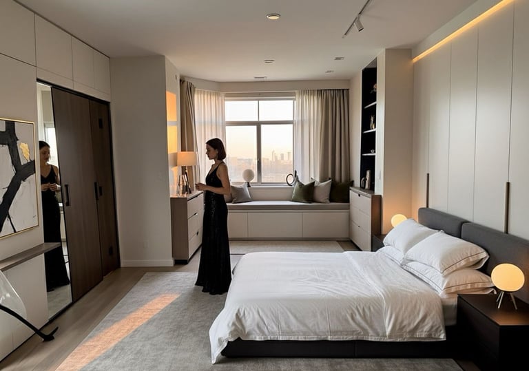 a woman in a black dress standing in a bedroom Nour Nagy Designs