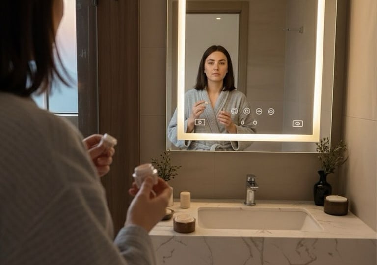 a woman in a robe is looking at her reflection in the mirror Nour Nagy Designs