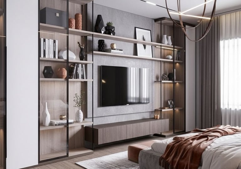 a bedroom with a bed, television, and a television Nour Nagy Designs
