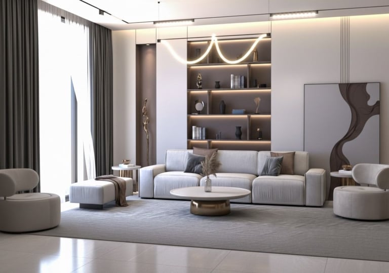 a living room with a couch and a large window Nour Nagy Designs