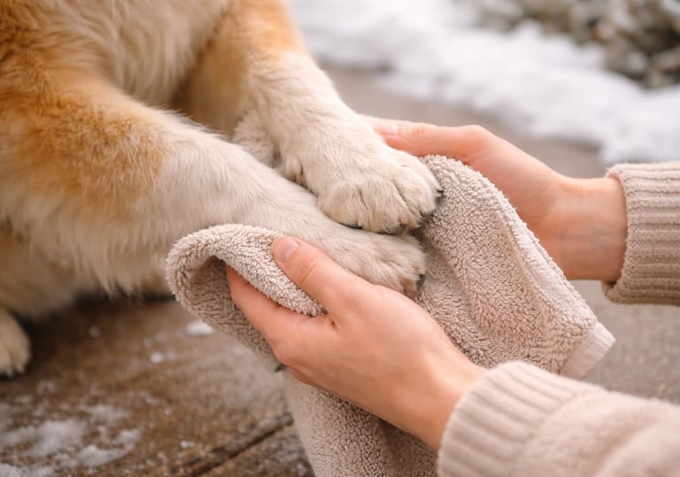 ALT Text: Dog paws being wiped after winter walk