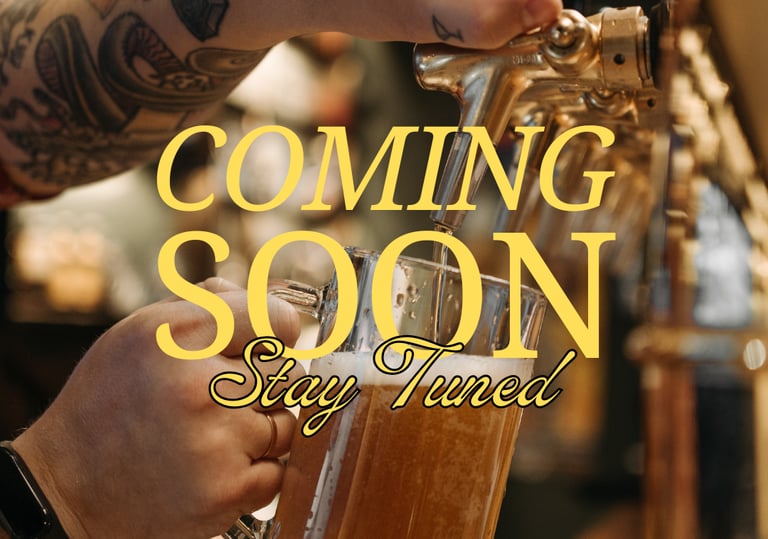 A tattooed bartender pours a craft beer from a tap with Coming Soon text overlay.