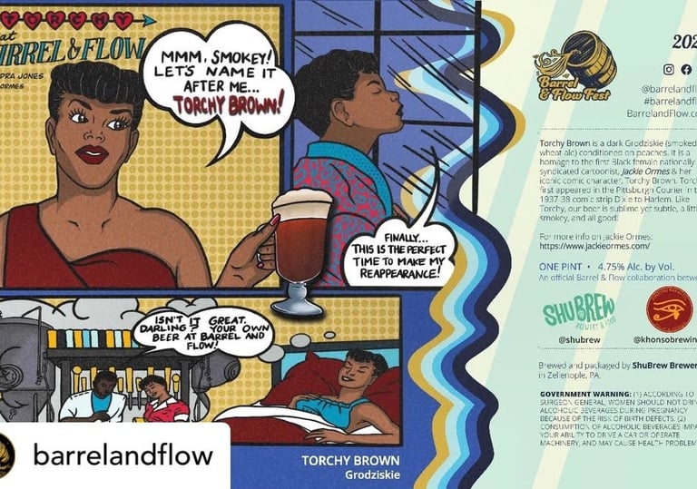 Comic book style beer label Torchy Brown created by Jackie Ormes brewed tor Barrel and Flow Fest