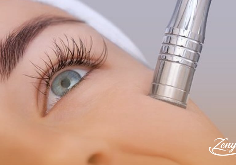 Primer plano de punta de diamante realizando microdermoabrasión en la zona facial cerca del ojo.