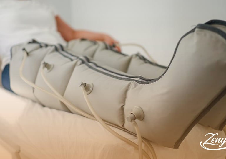Piernas con botas de presoterapia infladas para tratamiento de circulación y celulitis.