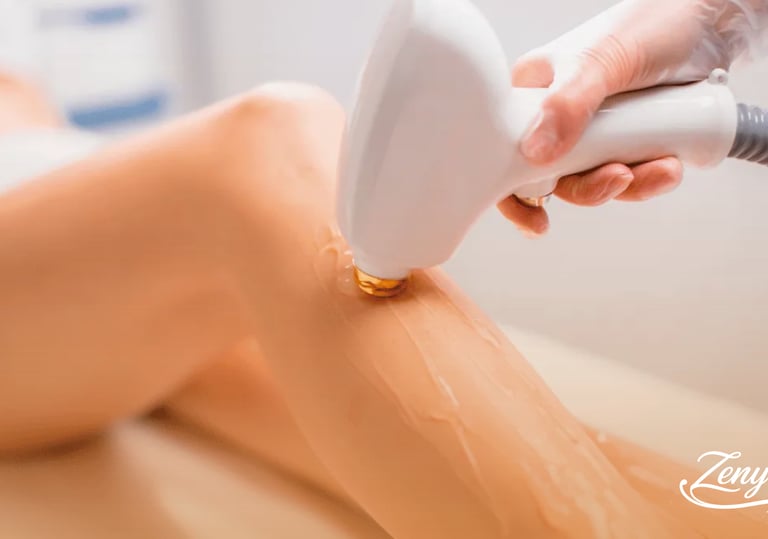 Cabezal de máquina de depilación láser diodo aplicándose sobre la pierna para eliminación de vello.