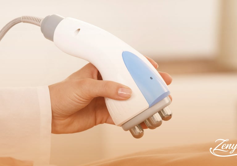 Tratamiento corporal de radiofrecuencia con manípulo sobre el muslo para reafirmar la piel.