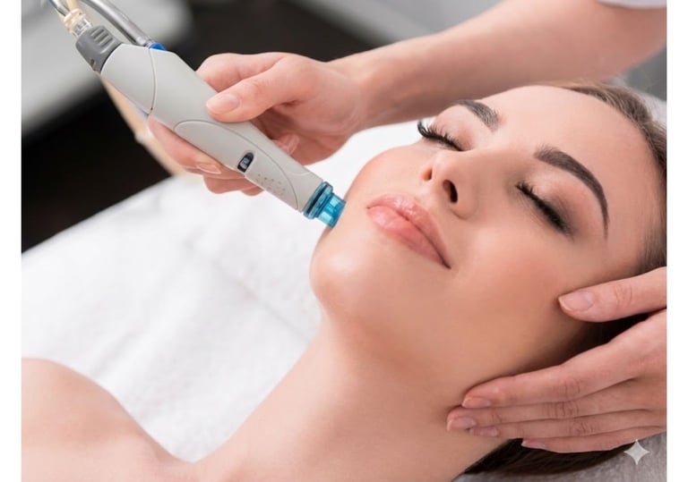 Professional hydrafacial treatment performed on a woman's face at a skincare clinic.