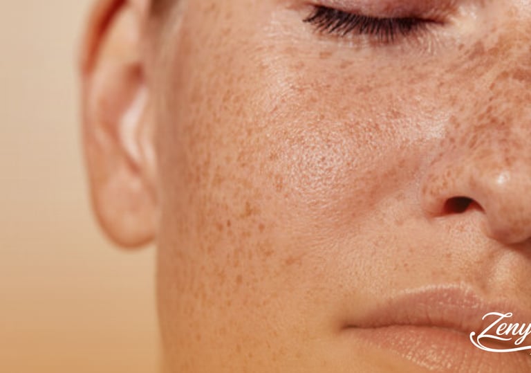 Primer plano de piel natural con pecas y logo de Zenya, representando el cuidado facial y la belleza