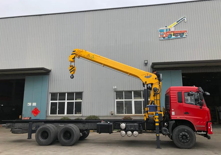 Yellow SQS300A-4 truck-mounted telescopic crane with robust boom, outdoors, ideal for heavy lifting.