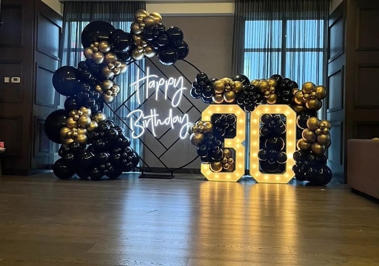 30 balloon backdrop package with happy birthday sign
