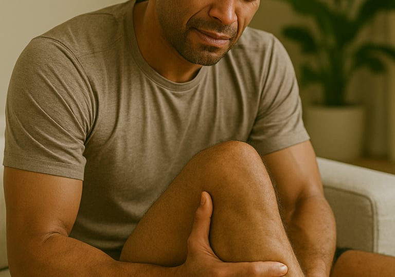 Man with leg cramp showing tight muscles