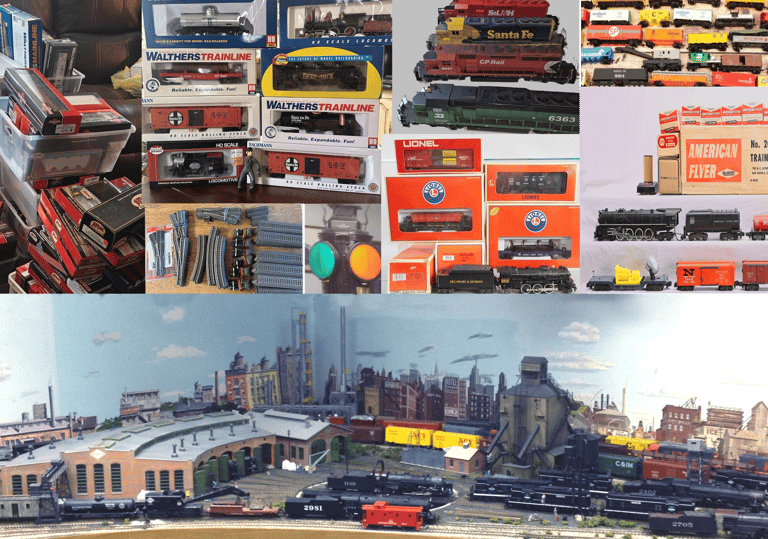Picture of model train layout, boxes, locomotives, train cars