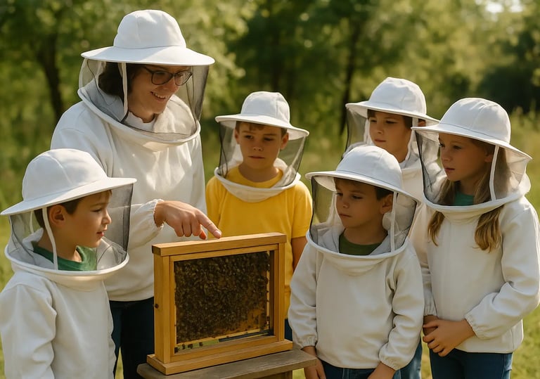 Grupo de crianças em atividade educativa sobre abelhas na natureza.