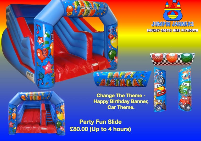 Party Fun Slide Bouncy Castle Hire Plymouth (Change the theme), Cars, Happy Birthday