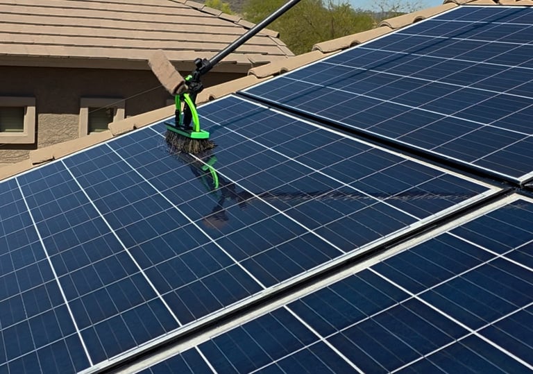 solar panel cleaning with brush on a pole