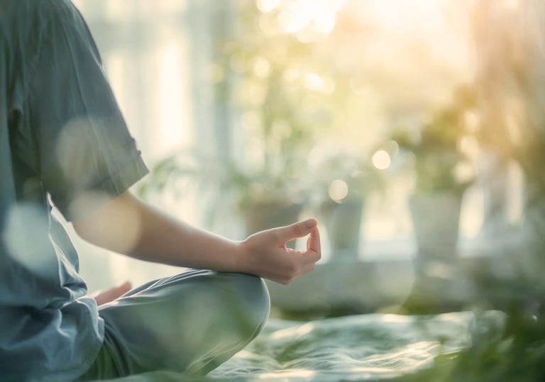une personne qui pratique la meditation assise au soleil