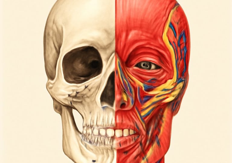Kafa kemikleri ve yumuşak doku 3D görseli, Perplexity AI yapay zeka desteği ile hazırlandı.