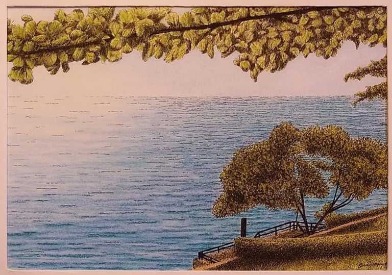 Paisagem de mar com árvores e banco ao pôr do sol, feita em nankin e pastel seco.