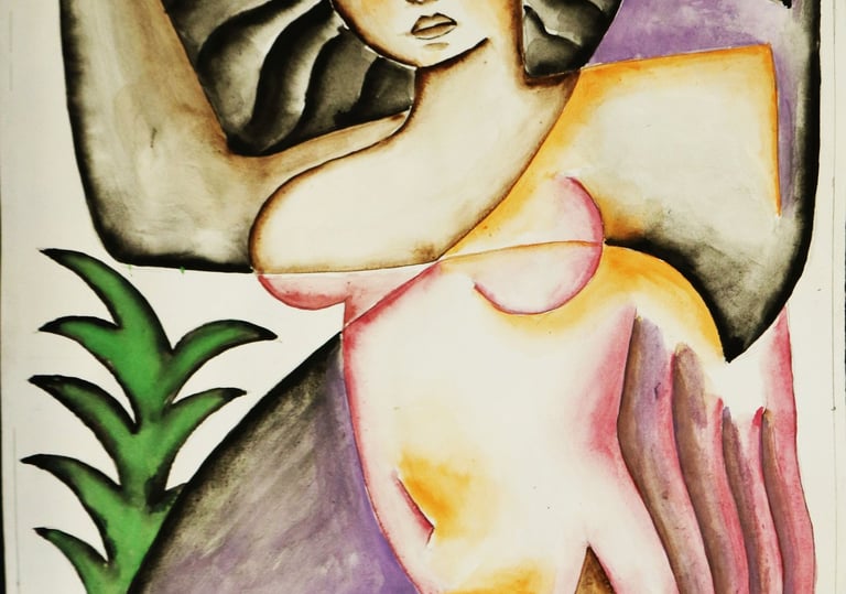 A woman and A Green Plant, Watercolour on paper,   35 x 50 cm