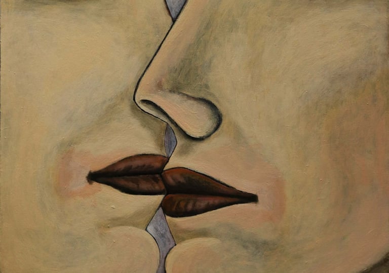 Hesham Nawar, kiss in fog, acrylic on canvas.