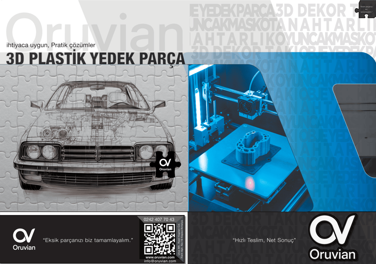 Oruvian 3D printer manufacturing a plastic automotive spare part with technical car blueprint puzzle graphic.