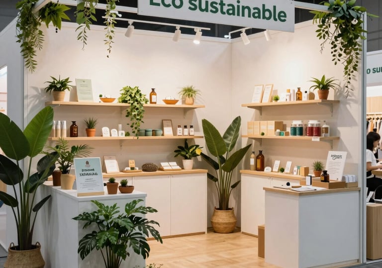 An elegant exhibition booth featuring modern branding and vibrant green accents matching the company palette.