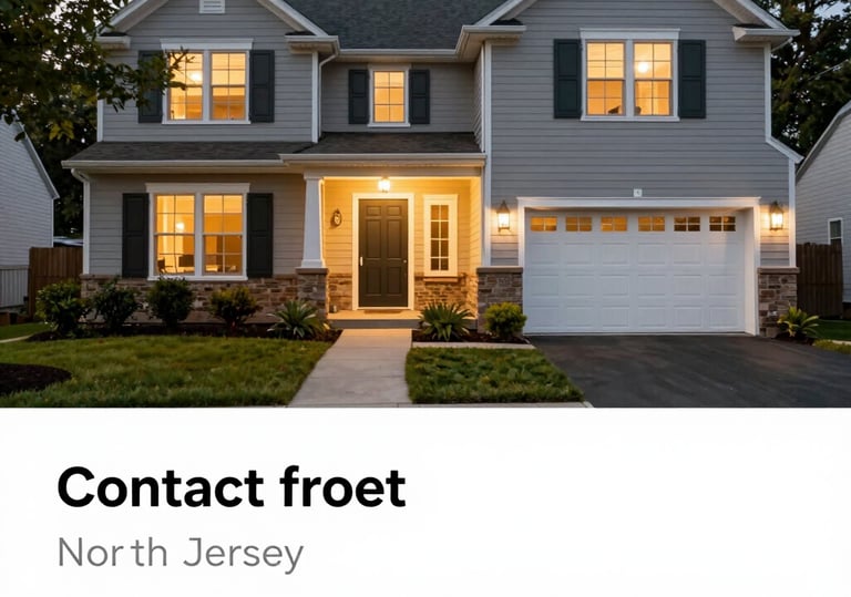 Modern two-story grey suburban home in North Jersey with a white garage door and lit windows at dusk.