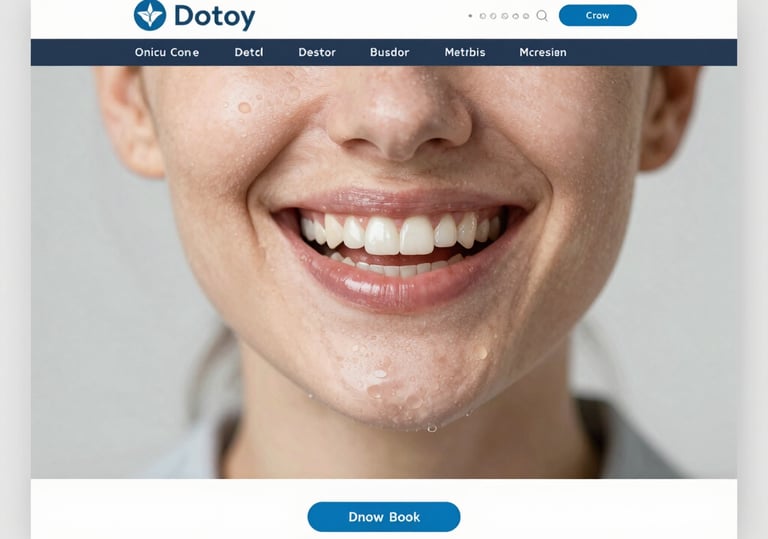 Close-up of a woman's healthy white smile on a dental clinic website homepage with a booking button.