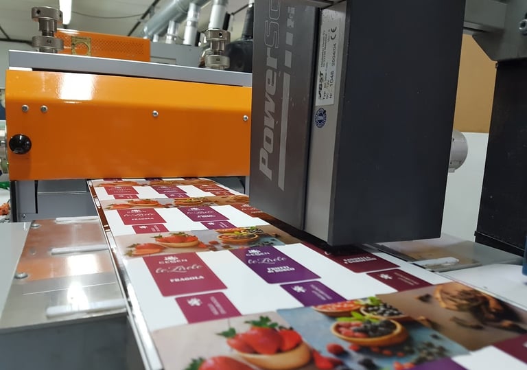 Industrial food packaging machine printing colorful fruit labels on a fast-moving conveyor belt.