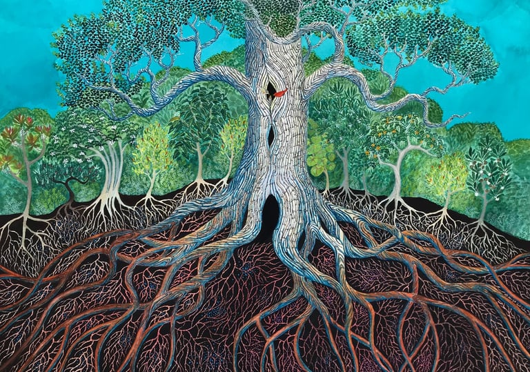 A painting of akepa birds, endemic to Hawaii Island, nesting in a deeply-rooted ohia tree.