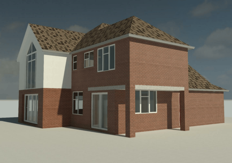 3D digital model of a two story rear extension to a fully detached property 