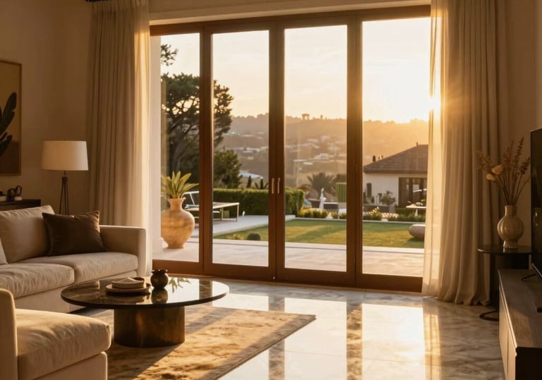 Warm editorial photography of a sun-drenched luxury villa living room in Quinta do Lago, golden-hour window light reflecting on pristine marble floors, 35mm