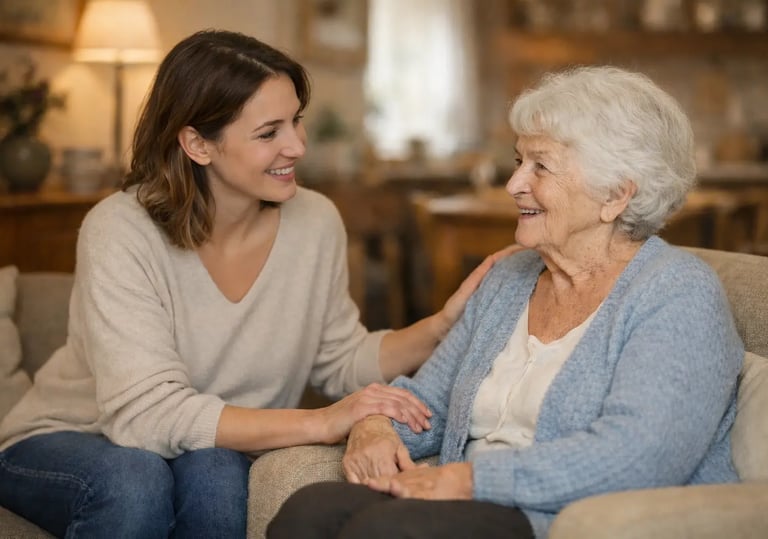 Aidante échangeant avec une personne âgée dans un cadre chaleureux au domicile