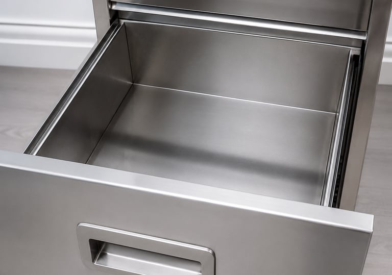 Stainless steel cabinet drawer with solid surface and integrated pull