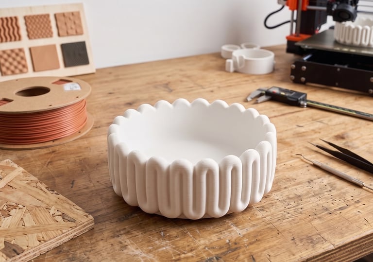 A 3D printed white fluted bowl on a wooden workbench with tools and filament spool.