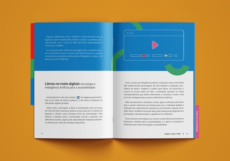 A imagem mostra o guia de Web Design aberto em uma página sobre legendas em vídeo.