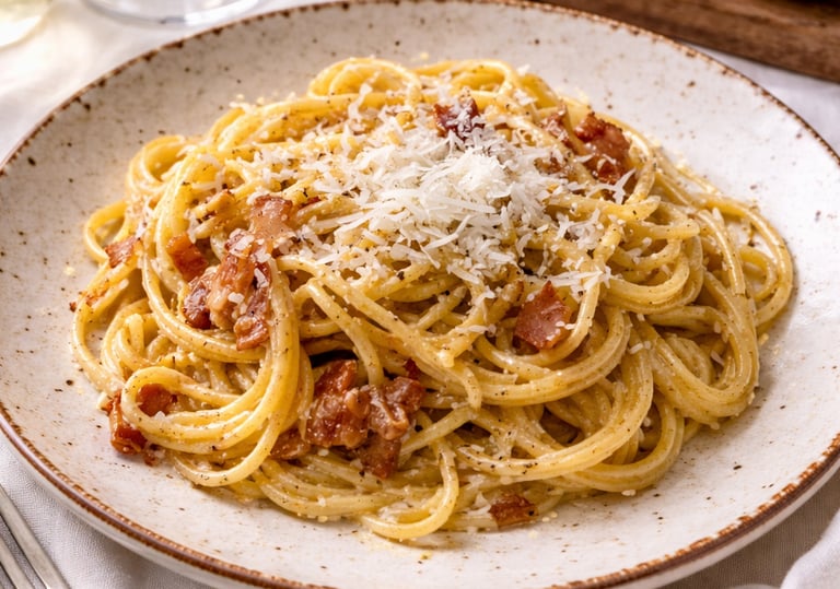 Authentic spaghetti carbonara with crispy guanciale and grated pecorino cheese on a rustic plate.